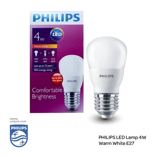 [EPH4W] فيليبس لمبة إضاءة ليد بقوة 4 واط، كلفن 3000 ضوء الأبيض الدافئ
PHILIPS E27