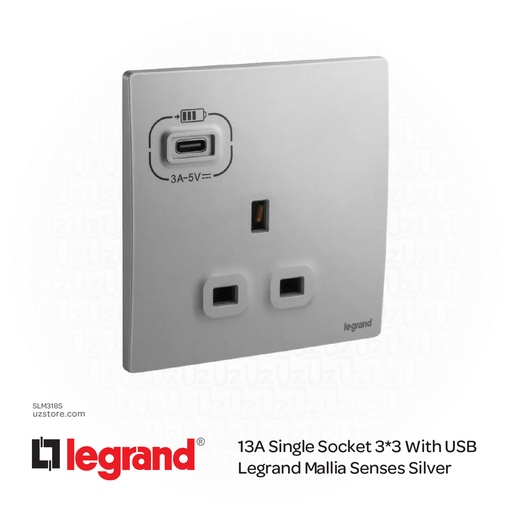 [SLM318S] 13A Single Socket 3*3 With USB Legrand Mallia Silver