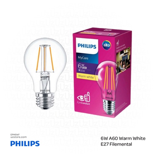 [EPH6WF] PHILIPS Classic LED Lamp Bulb 6-60W A60 E27 830 CL NDAPR Filemental 6W ,3000K Warm White 929001974508
