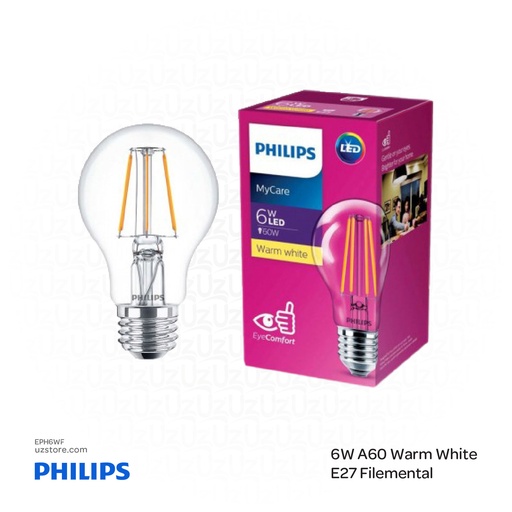 [EPH6WF] PHILIPS Classic LED Lamp Bulb A60 E27 Filemental 6W ,3000K Warm White 
