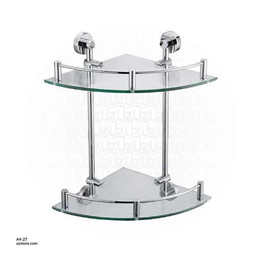 [A4-27] رف زاوية زجاج شفاف مزدوج نحاس وستانلس ستيل