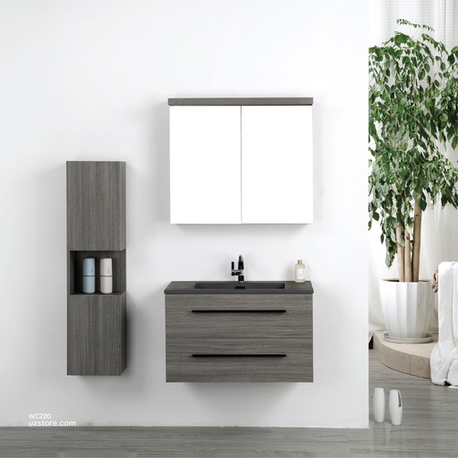 [WC220] PolyMarble WashBasin Black Color With PolyWood Cabinet, LED Mirror and PolyWood Side Cabinet KZA-2031080  800*480*500
