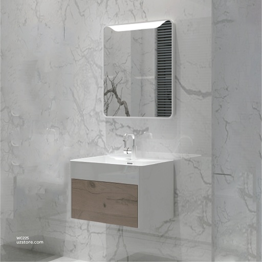 [WC225] PolyMarble WashBasin With PolyWood Cabinet, Led Mirror, and Shelf KZA-1981060 600*450*400